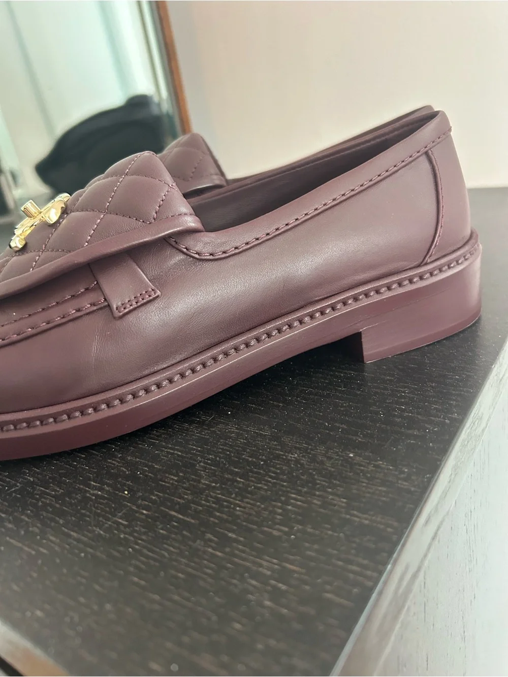 Chanel 2025 turnlock quilted loafers in burgundy 37
